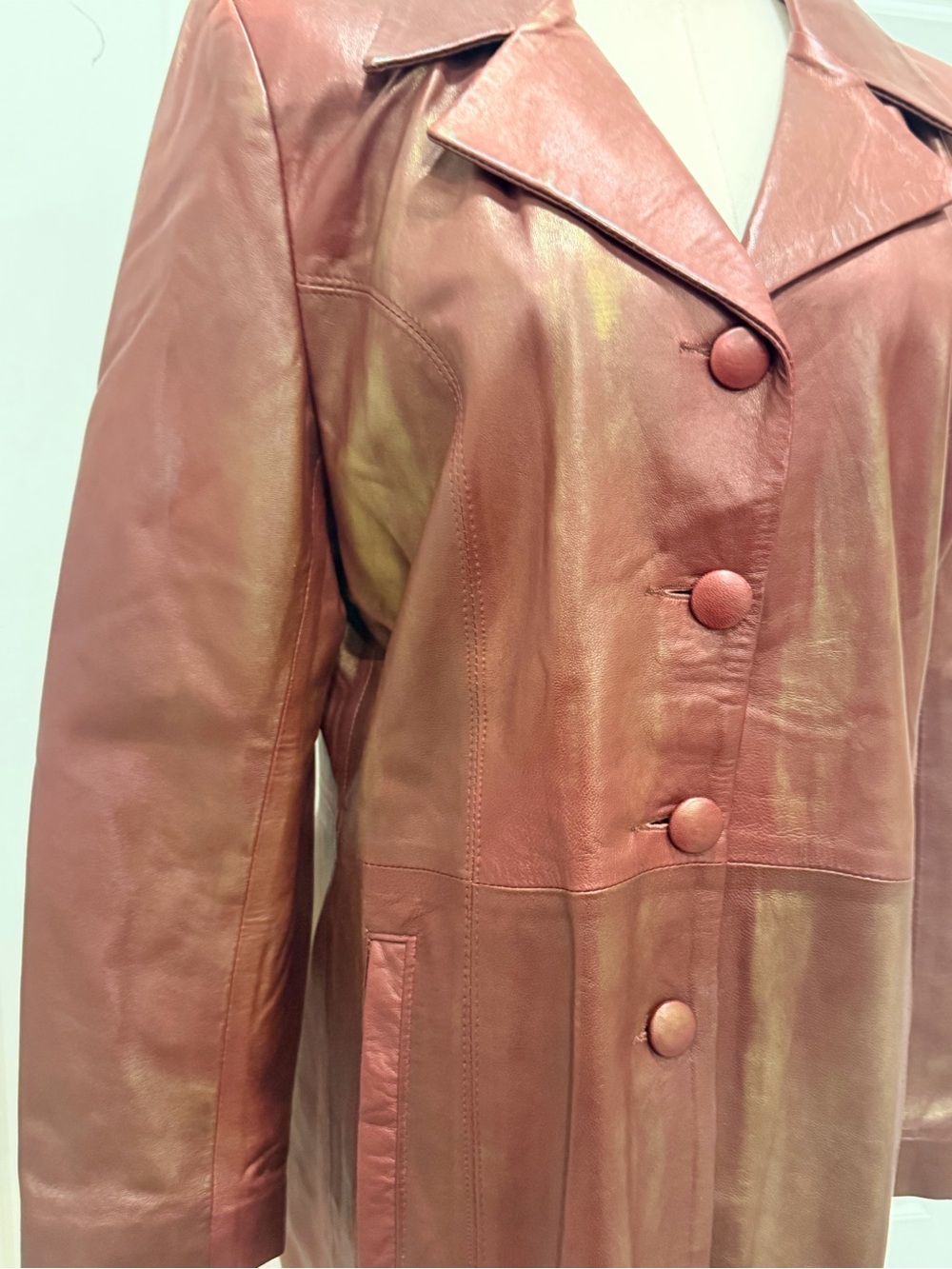 Johenic Leather Button-Front Coat in Deep Brick Red and Shimmering Gold Finish - Picture 2 of 12